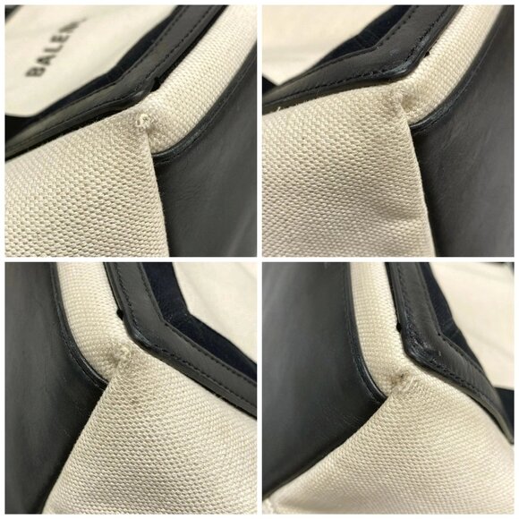 Auth BALENCIAGA Navy Cabas S 339933 Cream Black Canvas Leather Tote Bag - Picture 16 of 16